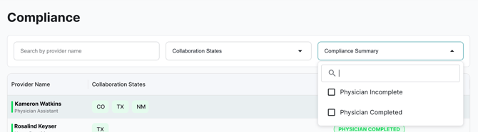 Filters in the compliance view in Zivian workforce