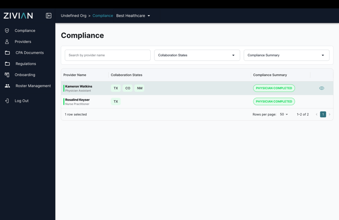 Compliance view in Zivian Workforce platform